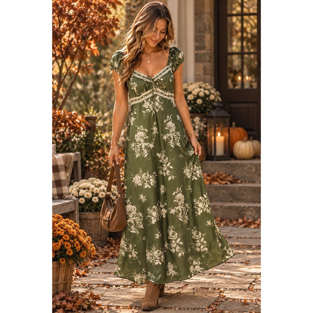 Inspired Hearts M Olive Green Floral Satin Maxi Dress Garden Cottagecore Boho